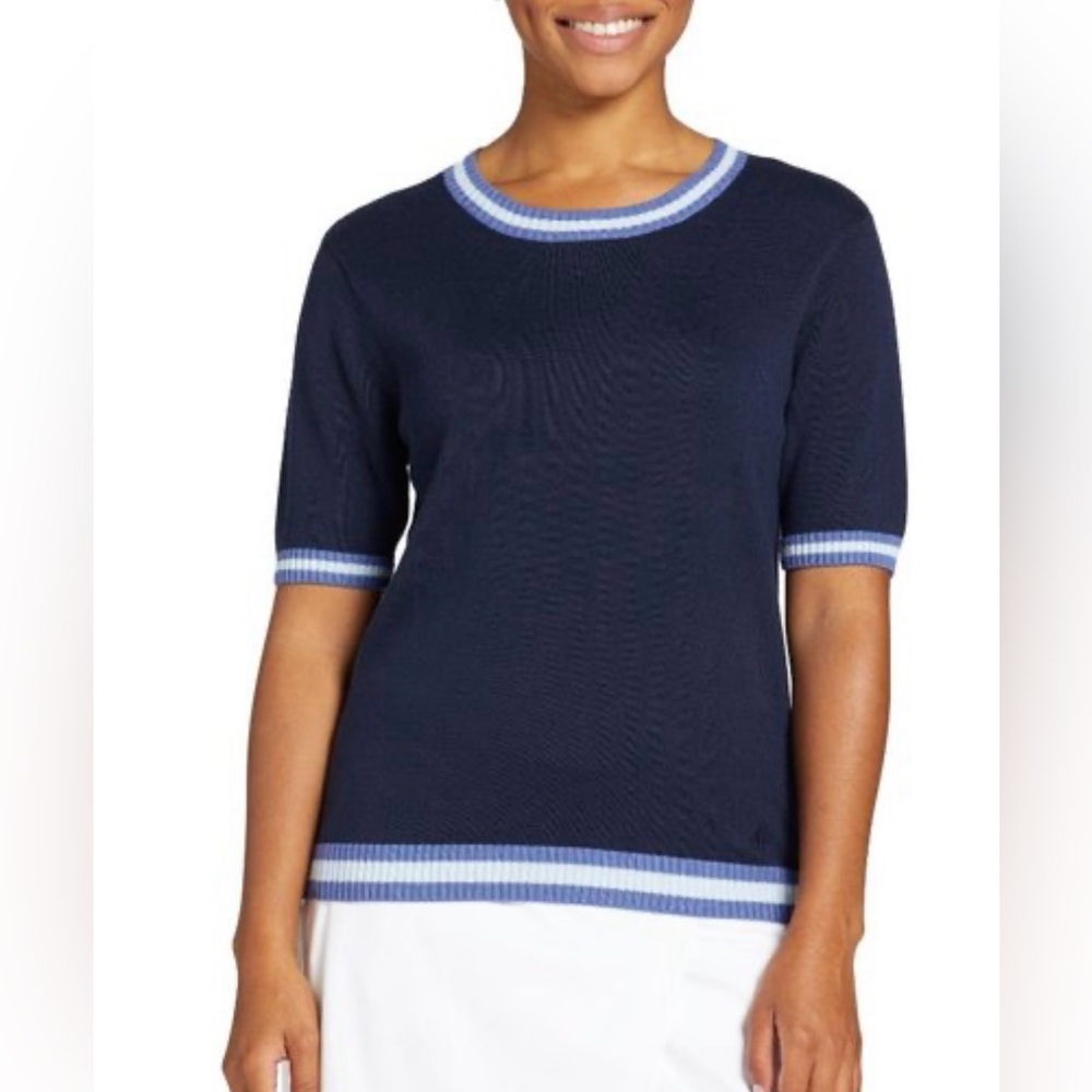 Lady Hagen blue and white short sleeve golf sweater